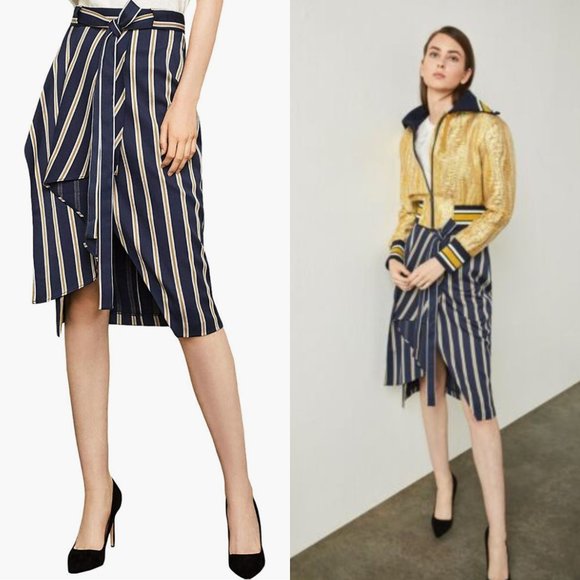 BCBGMaxAzria Dresses & Skirts - BCBGMaxAzria Striped Asym­met­ri­cal Pen­cil Skirt Midi Knee Length Waist Tie XS